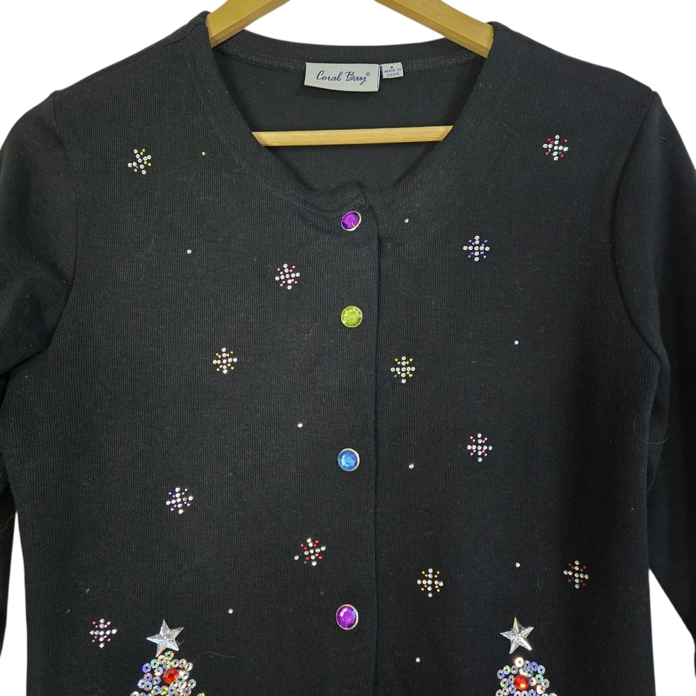 Coral Bay Women's Sz S Black bedazzled Holiday Lightweight Cardigan - Picture 4 of 10